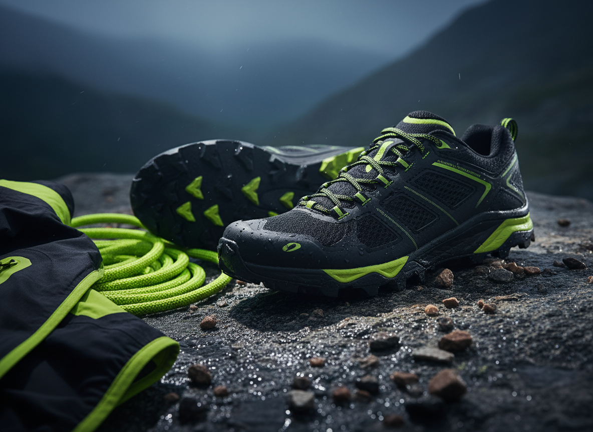 A pair of high-performance trail running shoes in matte black with vivid lime-green accents, aggressive rubber lugs, and breathable mesh panels, positioned on a rugged, wet rock slab with tiny water droplets clinging to the surface. Around them lie scattered gravel, a coiled neon climbing rope, and a folded technical windbreaker partially visible at the frame’s edge. A cool, directional spotlight from above and slightly behind the shoes creates dramatic rim lighting, accentuating the tread pattern and contours while casting bold, angular shadows. The background fades into a dark, slightly misty blur, suggesting a wild mountain environment. Captured at a low angle with shallow depth of field in photographic realism, the scene feels intense, dynamic, and action-driven, perfect for highlighting performance footwear.