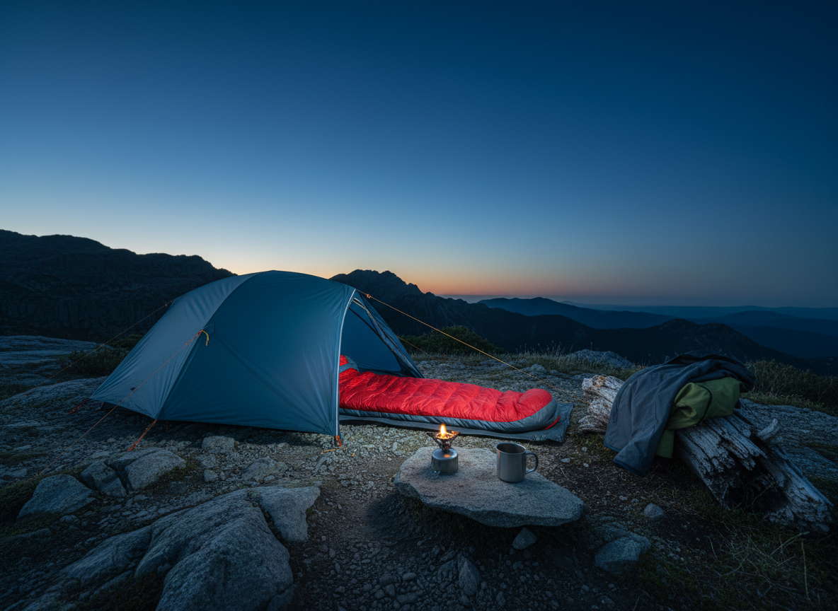 A minimalist yet rugged campsite scene at the edge of a rocky overlook, featuring a taut, low-profile technical tent in slate blue with reflective guy lines, an insulated sleeping bag in bright red partially unzipped, and a compact camp stove beside a titanium mug on a flat stone. A neatly folded softshell jacket and lightweight hiking pants rest on a nearby log. The sky glows with a bold pre-dawn blue, while a subtle golden horizon casts cool, diffused light over the gear, creating soft reflections on metal surfaces. Shot from a slightly elevated wide-angle perspective in photographic realism, the composition balances the gear in the foreground with a blurred hint of distant peaks. The mood is bold, expectant, and adventurous, emphasizing readiness for early-start expeditions.