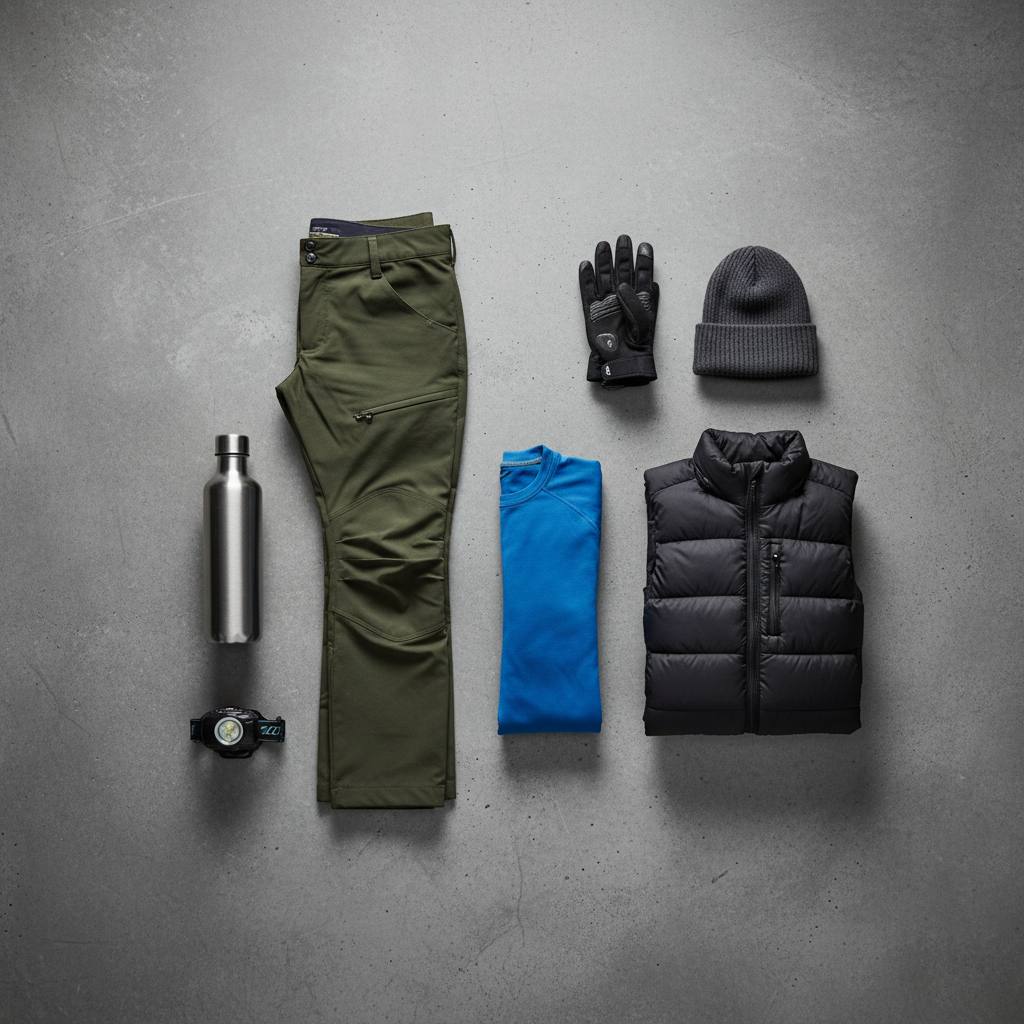 A neatly organized flat lay of outdoor clothing essentials on a slate-gray concrete surface: a pair of weather-resistant trail pants in olive green with articulated knees, a moisture-wicking base layer in electric blue, a compact insulated puffer vest in matte black, and a folded beanie beside technical gloves with rubberized grips. A stainless steel water bottle and a compact headlamp complete the arrangement. Overhead, diffused studio lighting mimics soft overcast daylight, reducing glare and revealing subtle fabric textures. The composition follows a clean grid layout from a bird’s-eye view, with generous negative space around the edges. The mood is bold, modern, and purposeful, emphasizing readiness and precision through photographic realism and a crisp, high-contrast look that suits an outdoor apparel collection overview.